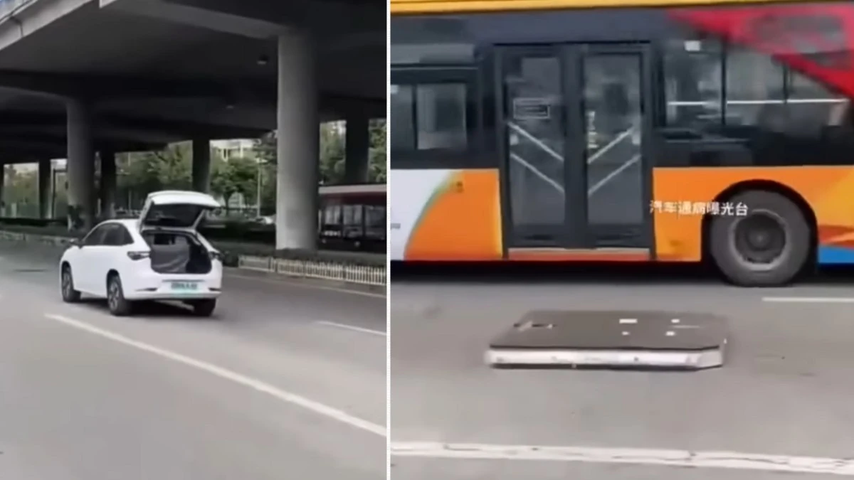 Samochód elektryczny zgubił baterię w trakcie jazdy. Nagranie rozbawiło internautów