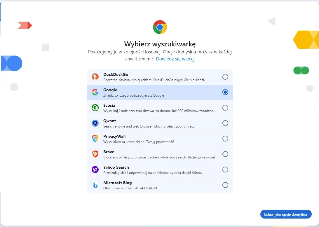 wybór domyślnej wyszukiwarki w Chrome
