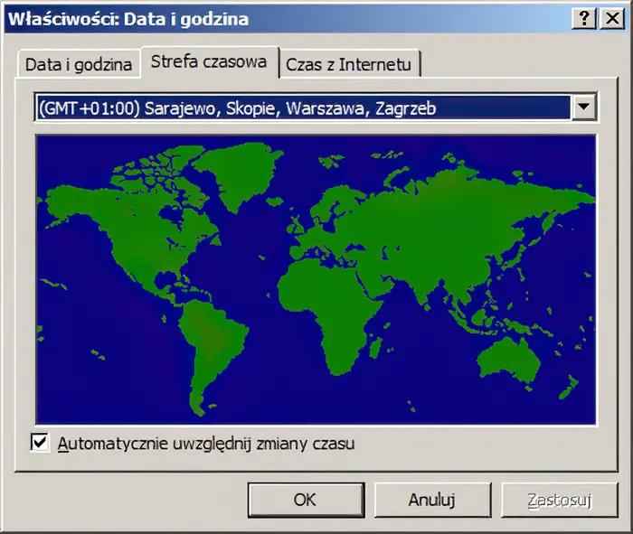 Mapa stref czasowych w Windows 98