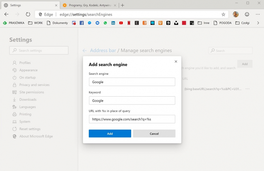 Wyszukiwarka Google w nowym Edge