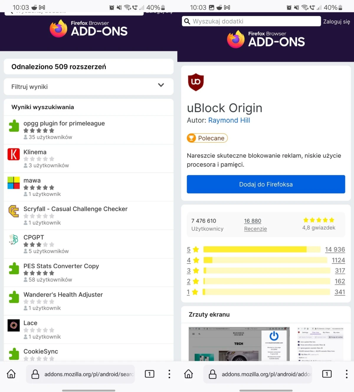 Firefox rozszerzenia