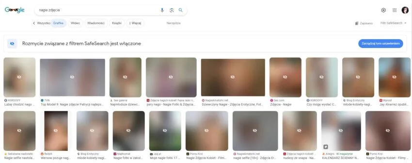 Sposób działania funkcji SafeSearch w polskiej wersji wyszukiwarki Google.