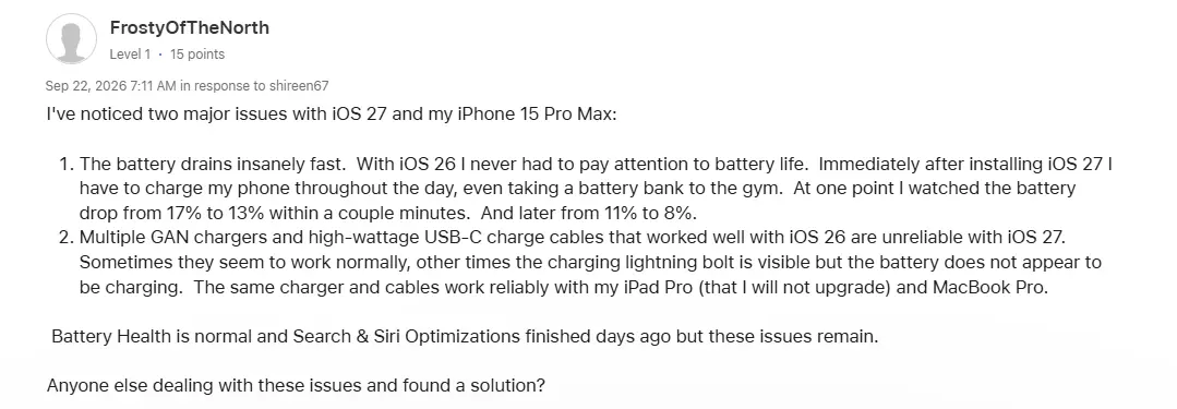 Problemy z baterią w iPhone 15 Pro Max.