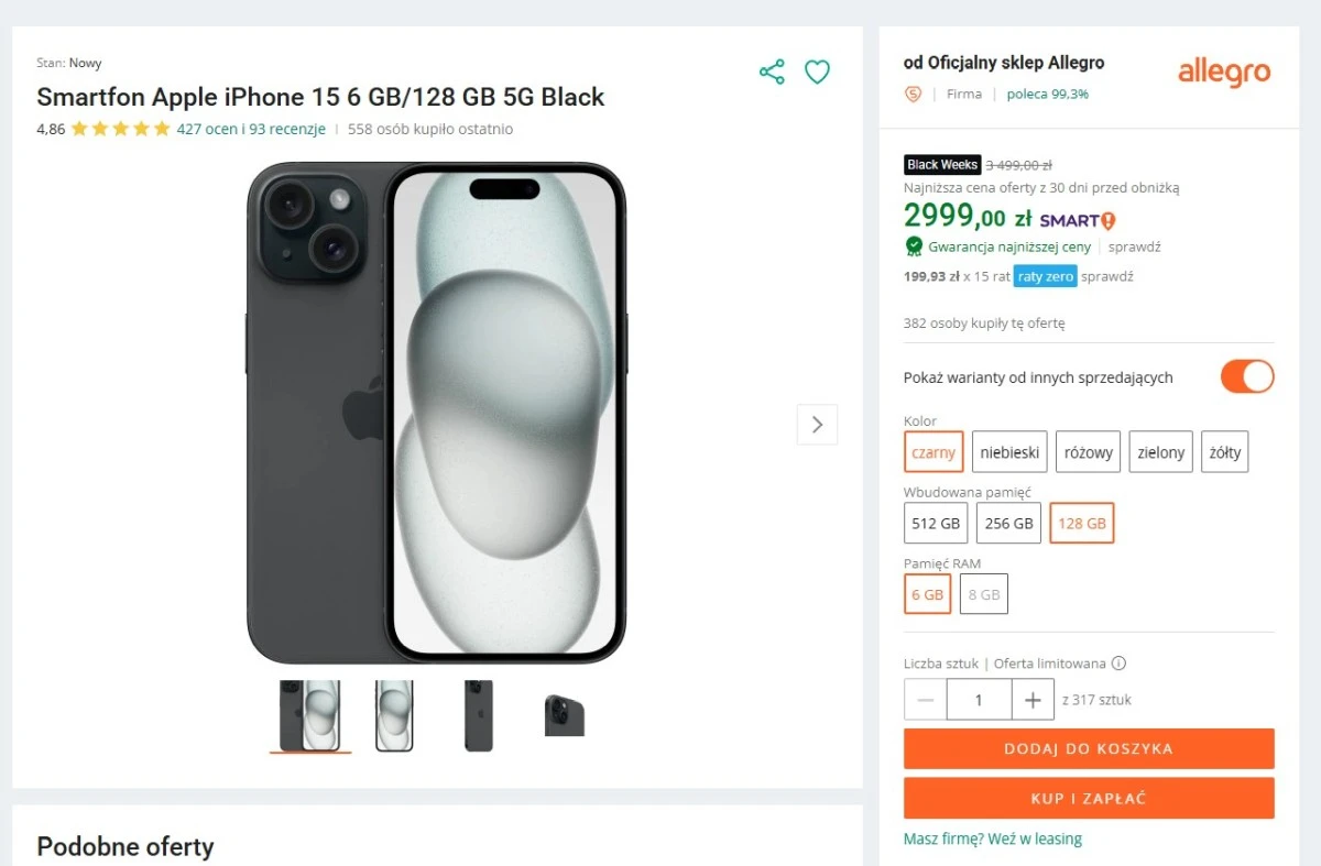 Promocja na iPhone 15 na Allegro