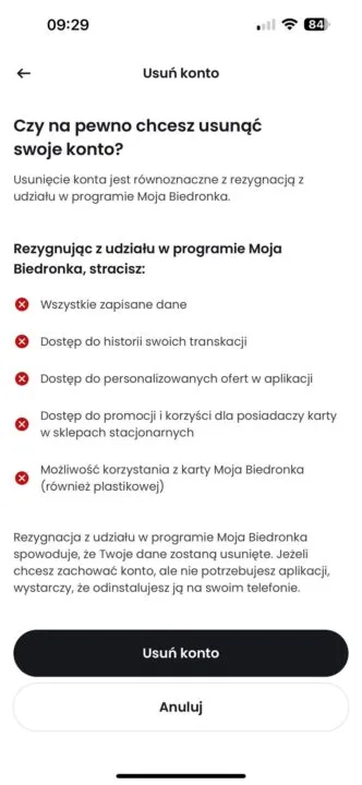 jak usunąć konto moja biedronka