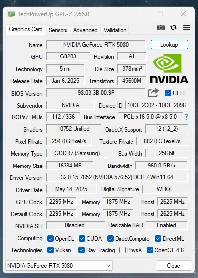 KFA2 GeForce RTX 5080 1-Click OC gpuz