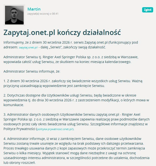 Koniec legendy polskiego internetu. Zapytaj Onet znika na zawsze