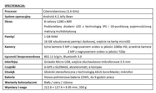 ASUS MeMO Pad 8 specyfikacja