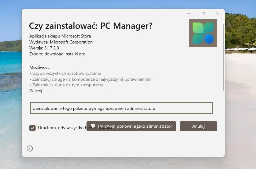 Microsoft PC Manager przy instalacji wymagana uprawnień administratora