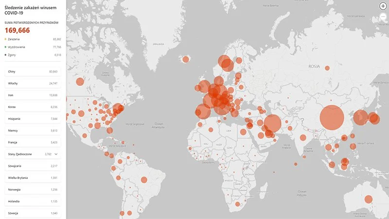 Microsoft stworzył przejrzystą mapę pokazującą na żywo rozwój pandemii koronawirusa