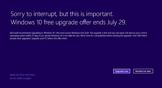 Microsoft wyświetli pełnoekranowe powiadomienie o instalacji Windows 10