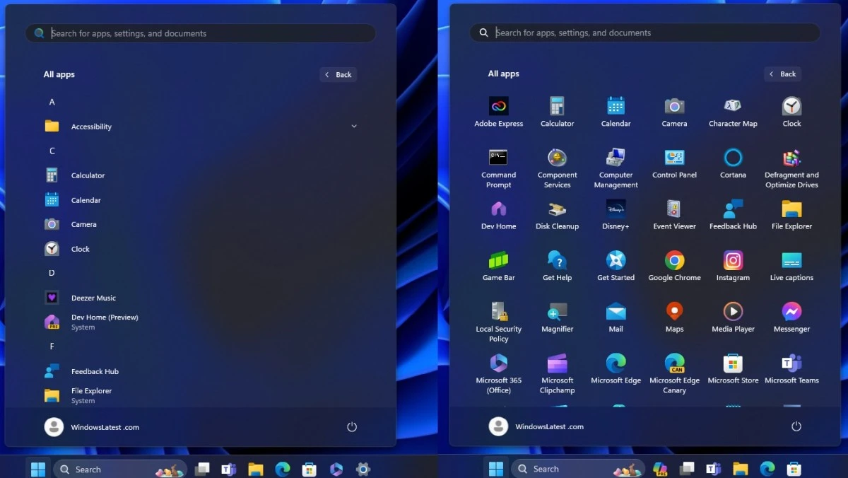 Obecne menu Start w Windows 11 (po lewej) i nowe (po prawej)