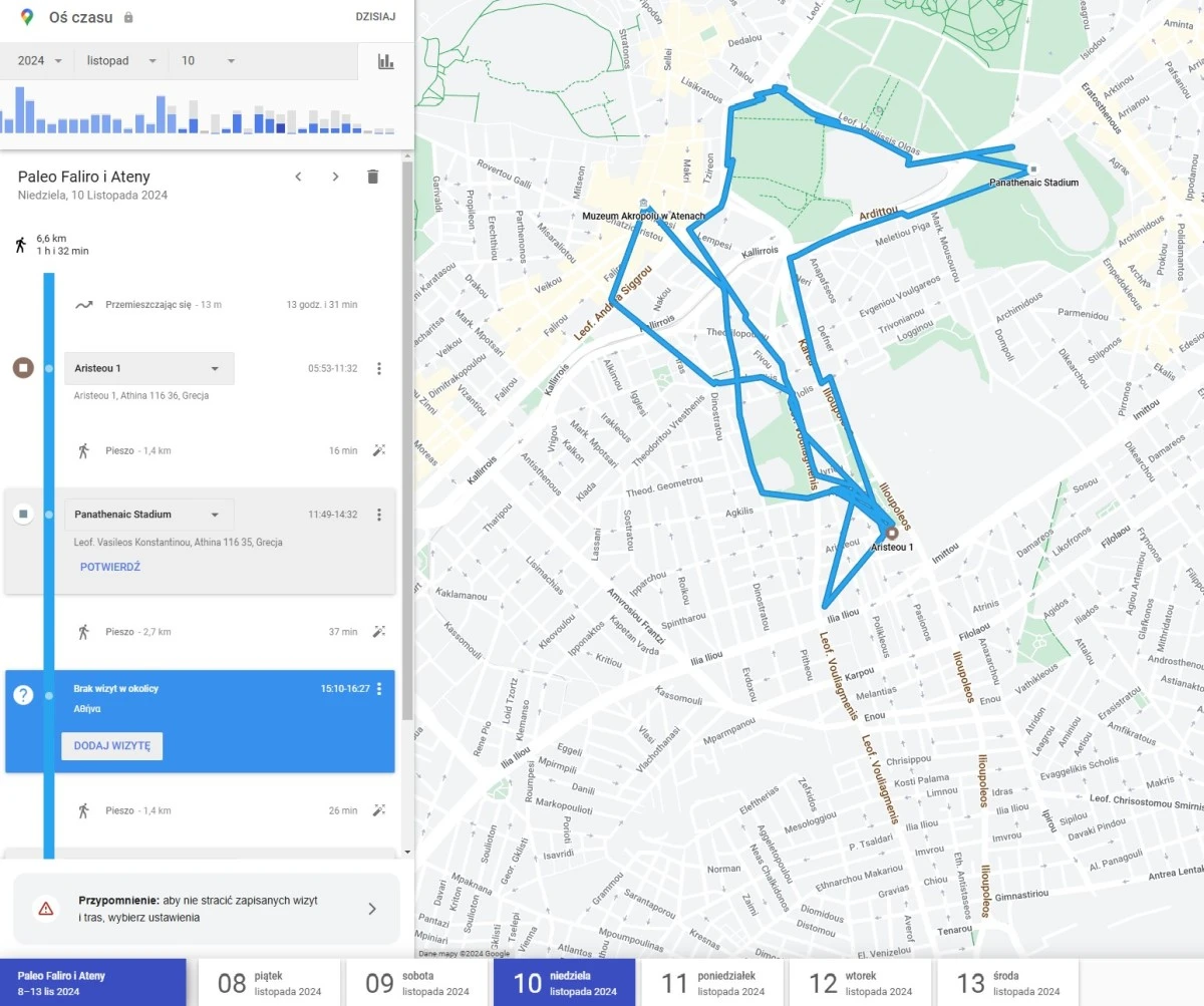 oś czasu w mapach Google