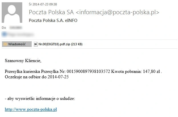 Fałszywy mail od Poczty Polskiej