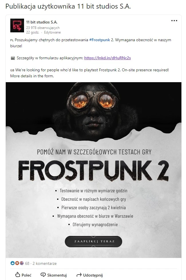 Polskie studio 11 bit studios płaci za granie w gry