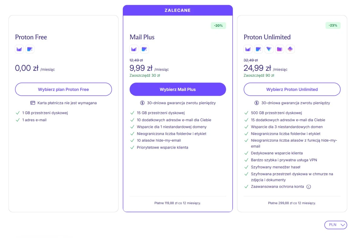 Proton Mail ma plan bezpładny oraz plany płatne