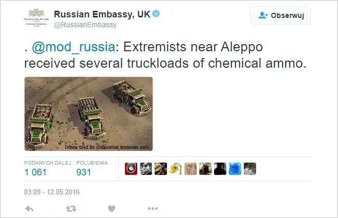 Ambasada Rosji przedstawia wojnę w Syrii za pomocą screena z gry