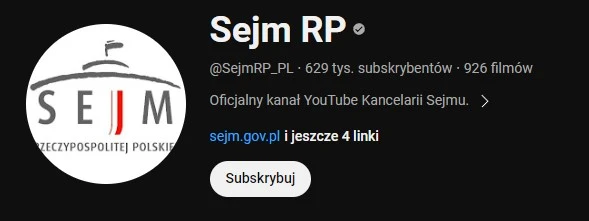 Liczba subskrypcji na kanale Sejm RP na YouTube