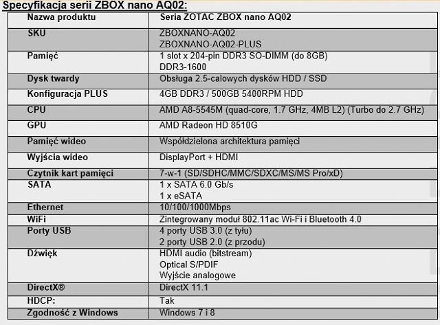 specyfikacja zotac zbox