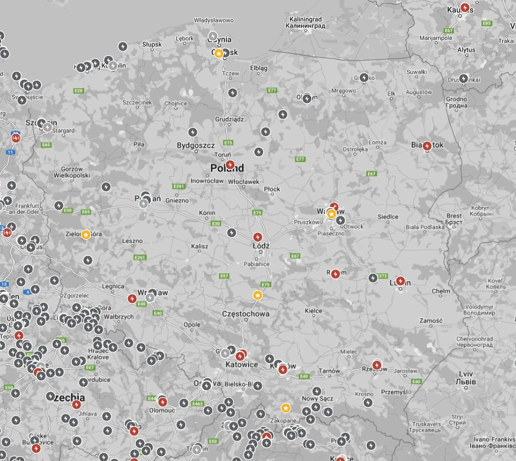 mapa stacji tesla supercharger w Polsce