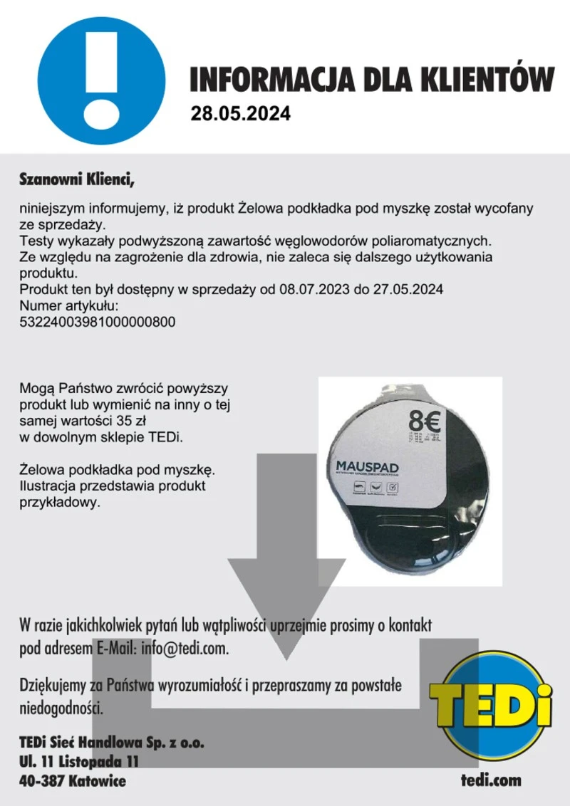 Toksyczne akcesoria komputerowe: żelowa podkładka wycofana z TEDi