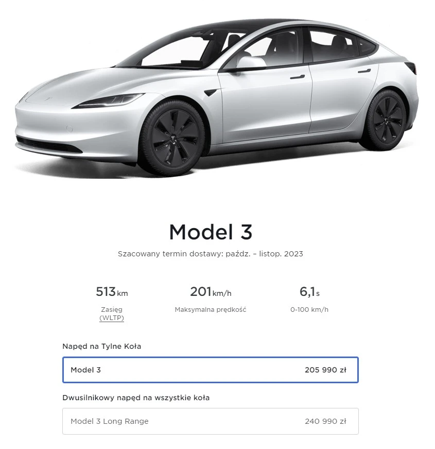 cena Tesla Model 3 w Polsce październik 2023