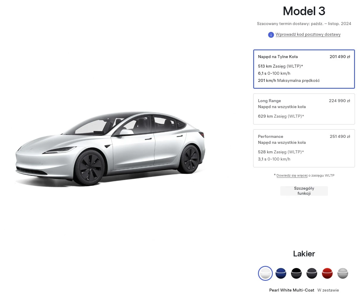 konfigurator Tesla Model 3 w polsce
