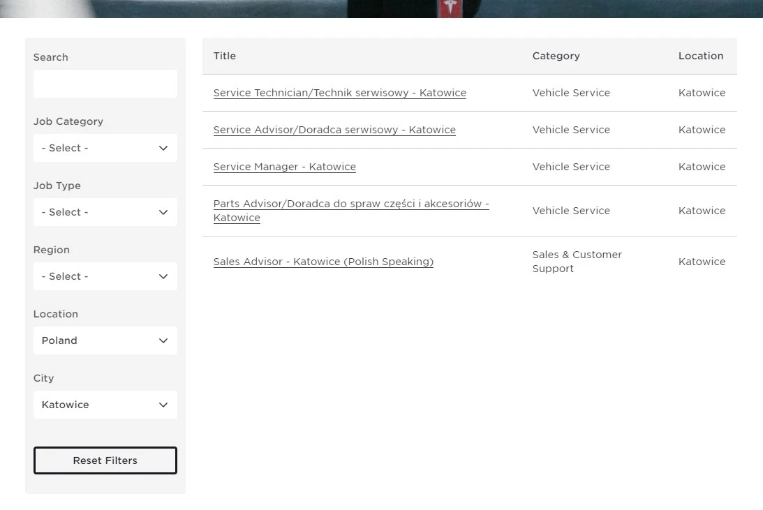 ogłoszenia o pracę w Tesla