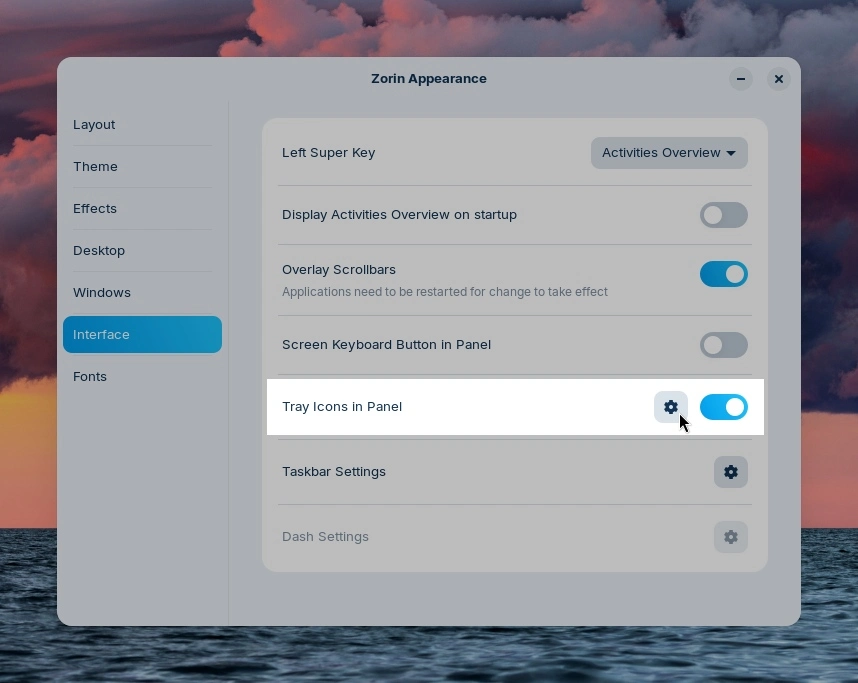 Personalizacja widoczności ikon statusu.