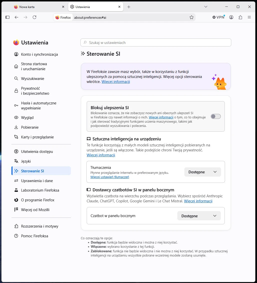 Ustawienia AI w Firefox 154