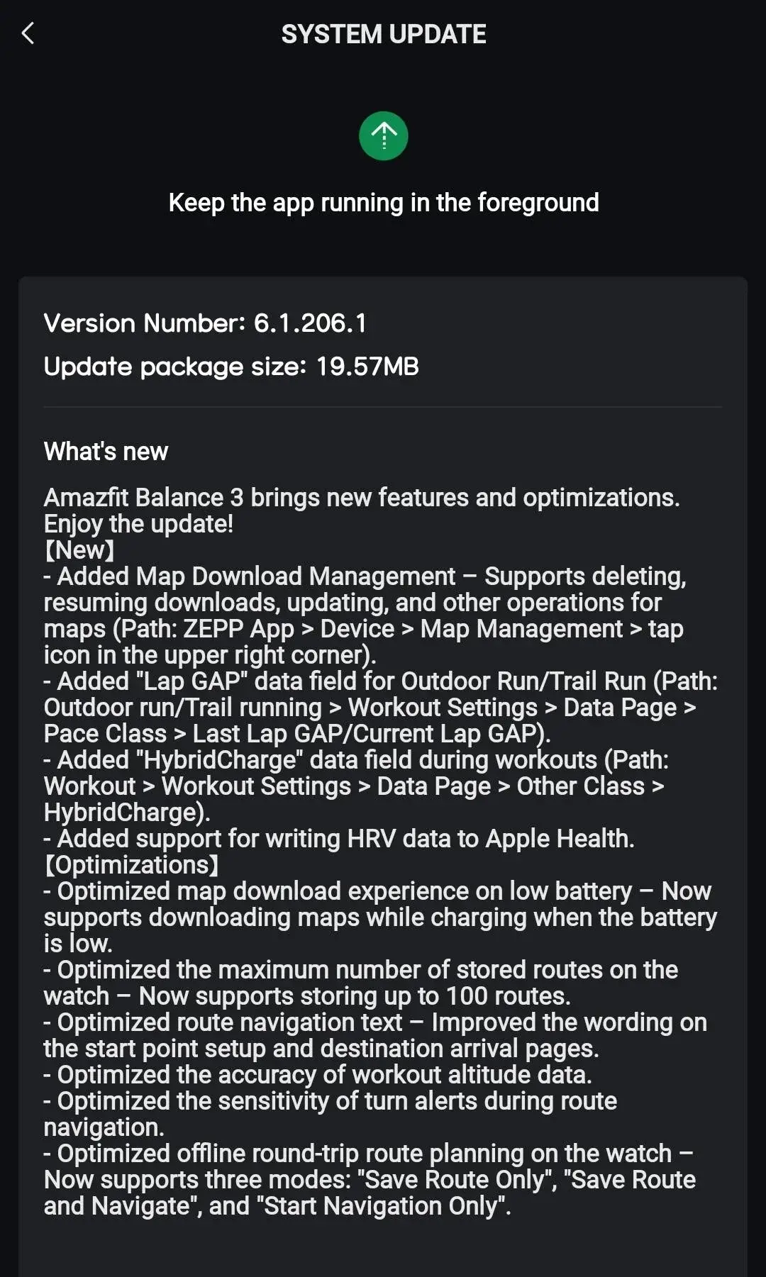 Dziennik zmian aktualizacji Amazfit Balance 3 6.1.206.1