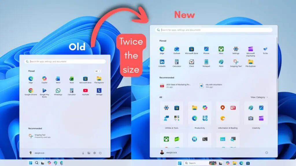 Zrzut ekranu dużej wersji Menu Start w Windows 11 26H2, pokazujący pełną siatkę przypiętych aplikacji i rozbudowane kategorie.