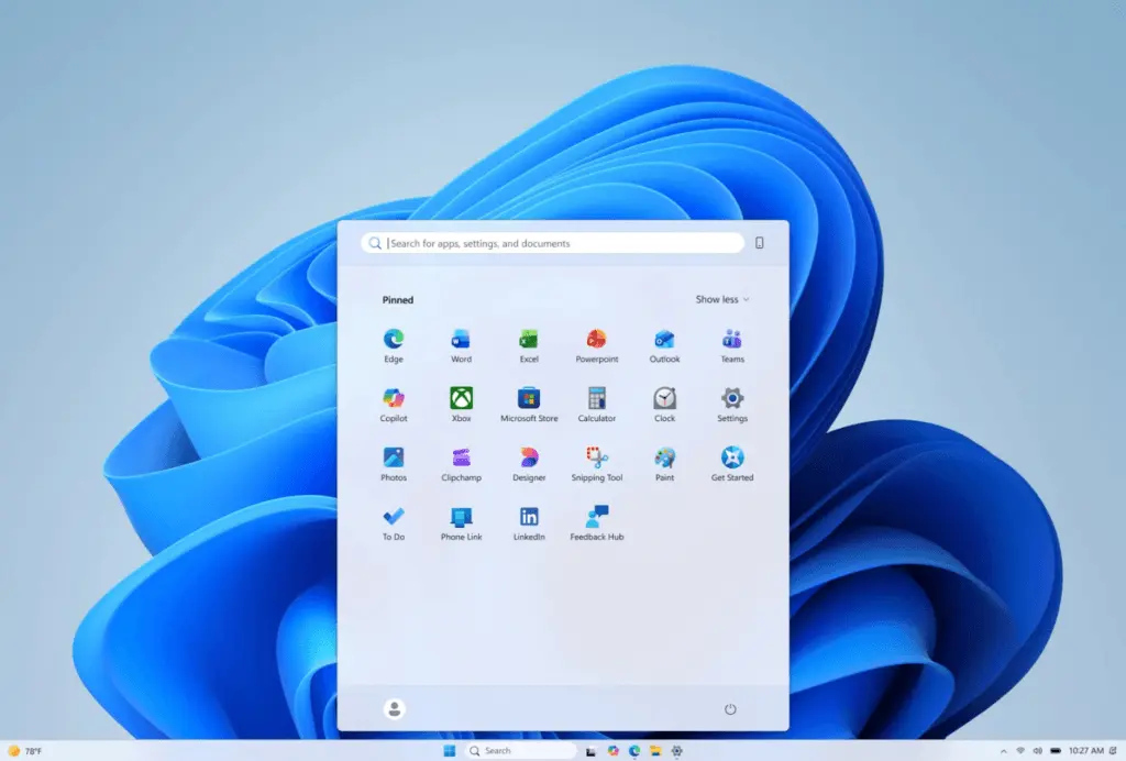 Zrzut ekranu mniejszej, kompaktowej wersji Menu Start w Windows 11 26H2, z ukrytą sekcją polecanych i mniejszą liczbą przypiętych ikon.
