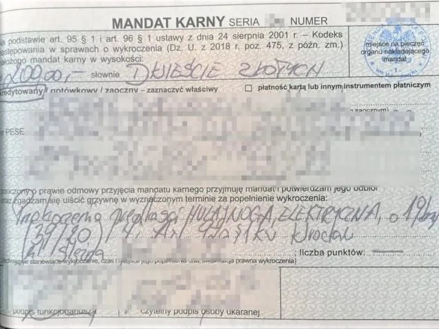 Mandat karny, 200 zł za przekroczenie prędkości na hulajnodze elektrycznej