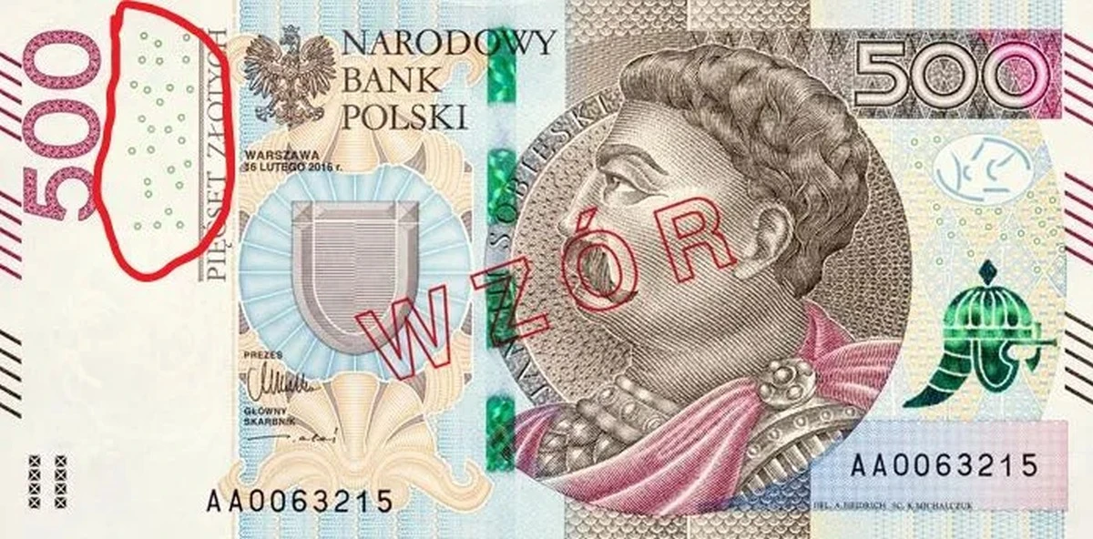 Zabezpieczenie EURion na polskim banknocie 500-złotowym