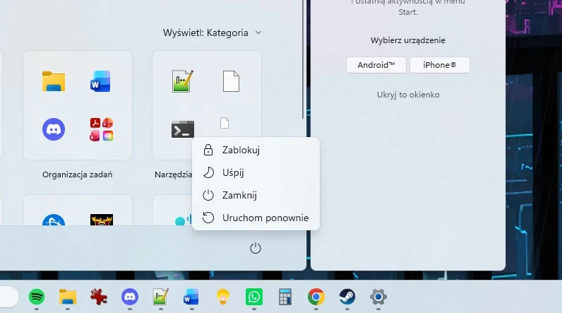 menu zasilania Windows 11